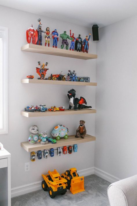 LACK Floating Shelves, Toy Display, Toy Storage, Action Figures, LEGO Storage Ideas, IKEA INSPIRED BRIGHT WHITE MODERN PLAY ROOM - Simply Every Floating Shelves Toy Storage, Lego Display Playroom, Kids Rooms Shelves, Floating Shelves In Playroom, Floating Shelves For Lego Display, Shelving For Toys, Floating Shelves In Boys Room, Floating Lego Shelves, Ikea Toy Shelves