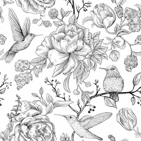 White Peel And Stick Wallpaper, Hummingbird Wallpaper, Vintage Floral Wallpaper, Floral Peel And Stick Wallpaper, Japanese Icon, Wallpaper Black And White, Monochromatic Art, Business Graphics, Black And White Birds