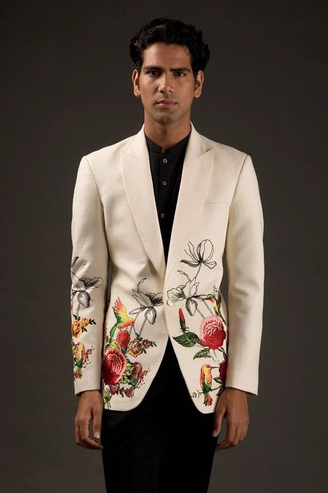 Men Made to Measure Ivory Tuxedo Floral, Bird Motifs & Thread Embroidery Groomsmen Wedding Cocktail Outfit - Etsy Wedding Suit For Groom, Embroidered Tuxedo, Quirky Clothes, Ivory Tuxedo, Rohit Bal, Wedding Sherwani, Wedding Suits Groom, Cocktail Outfit, Blazer Style