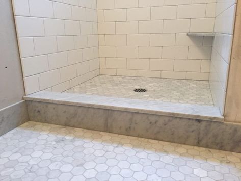 Shower Threshold Ideas, Tile Shower Curb, White Marble Shower Tile, Tile Threshold, Threshold Ideas, Marble Threshold, White Marble Shower, Shower Threshold, Marble Shower Tile