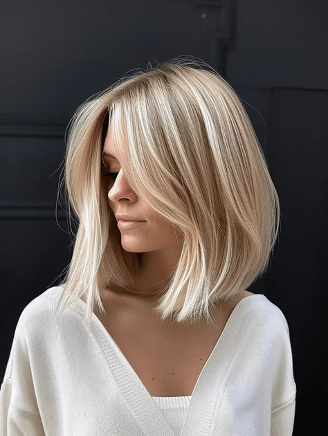 Hair All One Length Medium, Blonde Ombré Bob, Mid Size Short Hair, Shoulder Length Blonde Hair Curtain Bangs, Brunette To Blonde Bob, Old Money Blonde Medium Length, Shoulder Length Hair Curtain Bangs, Light Brown Short Hair, Light Blonde Bob