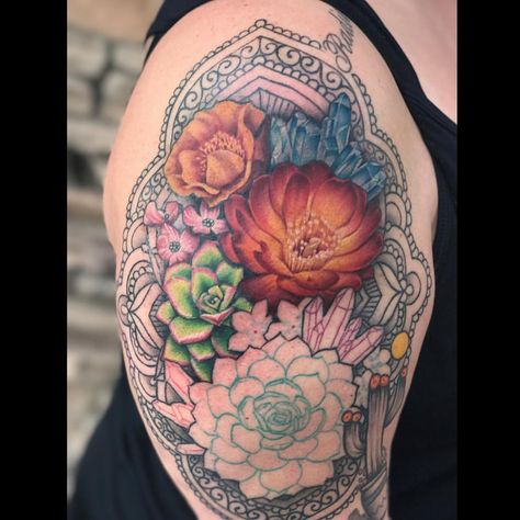 I am so in love with how my arm is turning out! 😍💉 #2ndsession #girlswithtattoos #succulents #cactusflower #mandala #ink #tattoo #hextat… | Instagram Arizona Tattoo, Cactus Tattoo, Cactus Flower, Dreamcatcher Tattoo, Tattoo Inspo, Ink Tattoo, Tattoos And Piercings, Flower Tattoo, Tatting