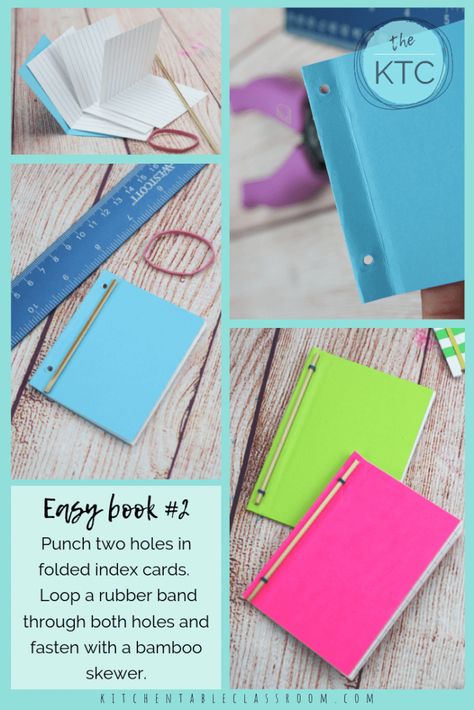 Learn how to make a book with these three easy book binding ideas perfect for kids! Grab some index cards and rubber bands and get busy! Index Card Book Diy, Books Making Ideas, Index Journal Ideas, Paper Binding Ideas, How To Make My Own Notebook, Diy Coloring Book Binding, How To Bind Books Diy, Making Books With Kids, Diy Books For Kids