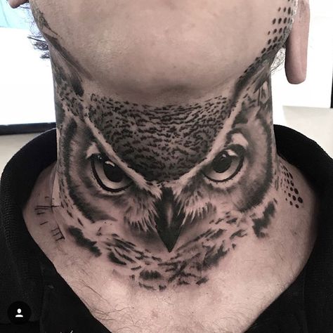 Owl Eyes Neck Tattoo, Owl Throat Tattoo Men, Owl Neck Tattoo Men, Owl Throat Tattoo, Skull Throat Tattoo, Eye Tattoo Back, Owl Eyes Tattoo, Owl Neck Tattoo, Tattoo Back Of Neck