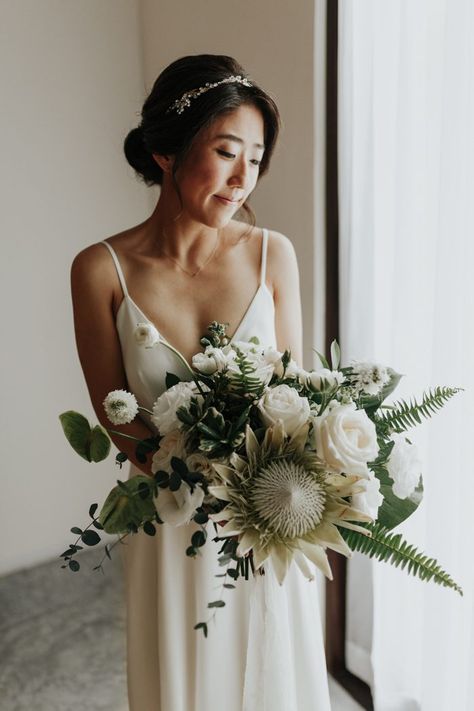 Sophisticated Tropical 20-Guest Wedding at Sanara Tulum | Junebug Weddings Melissa Marshall, Romantic Bridal Bouquet, Wedding Cake White, Protea Wedding, Beautiful Bridal Bouquet, Tropical Bridal, Tulum Wedding, Ideal Wedding, Bride Bouquets