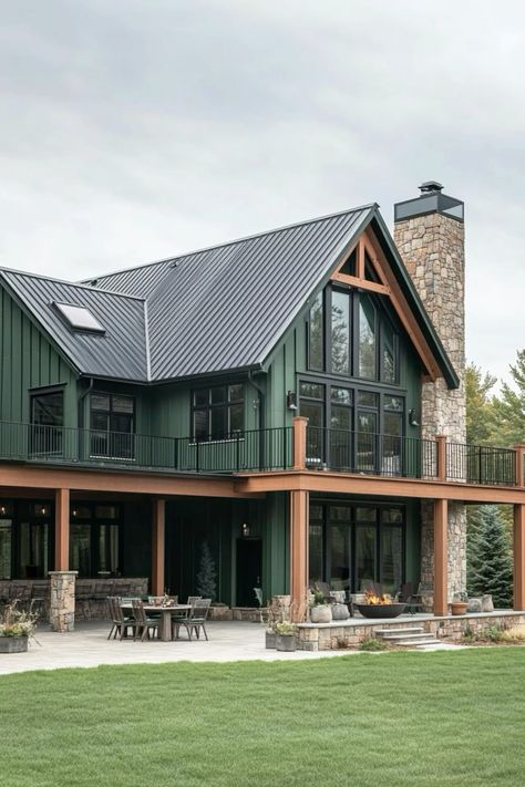 House In The Woods With Big Windows, Ranch Style Homes Exterior Remodel Modern Farmhouse, Houses With Attached Garage, Metal Siding And Stone Exterior, Gable Roof Porch Front Entry Farmhouse, Modern Farmhouse Log Cabin, Metal Building Farmhouse, Modern Farm Exterior House Designs, Rustic Ranch House Exterior Country Front Porches