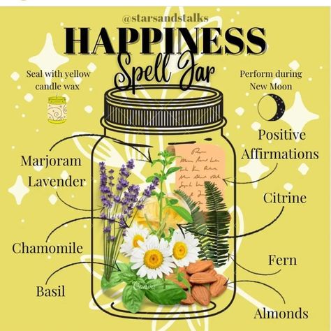 Happiness Spell Jar, Health Spell, Happiness Spell, Witches Jar, Wicca Recipes, Witchcraft Spells For Beginners, Happy Jar, Witch Herbs, Jar Spells