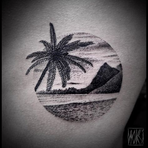 Noksi Tattoo Hawaiian Island Tattoo, Meaningful Tattoos For Men, Hawaii Tattoos, Island Tattoo, Unique Tattoos For Men, Sunset Tattoos, Landscape Tattoo, Palm Tree Tattoo, Hawaiian Tattoo