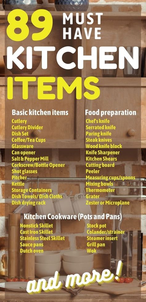 The complete must-have kitchen item list to help you plan your well-equipped kitchen. From the basic items and tools every kitchen needs to the essential kitchen items for food preparation, we have you covered. Kitchen cookware, bakeware, serving dishware and utensils, small kitchen appliances and multi-purpose kitchen gadgets are all included. Stock up your kitchen with must-have kitchen essentials list! Discover kitchen products, kitchen gift ideas, and cooking gadgets that make life easier! Organisation, Kitchen Items List, Kitchen Utensils List, Essential Kitchen Items, Must Have Kitchen Items, Kitchen Appliance List, Kitchen Essentials List, New Home Essentials, Essentials Checklist