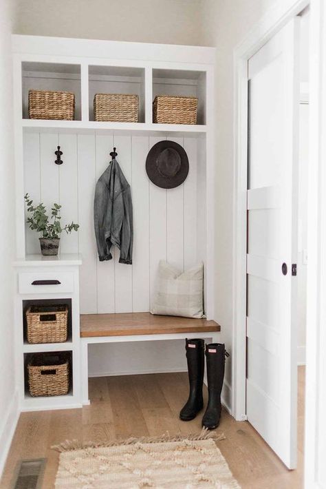 View From Front Door Into House, Small Entry Way Built In, Mudroom Storage Ideas Farmhouse, Corridor Laundry Room, Small Space Drop Zone, Small Mudroom Ideas Entryway With Window, Entry Nook With Bench, Mudroom Small Space, Tiny Mudroom Ideas Entryway