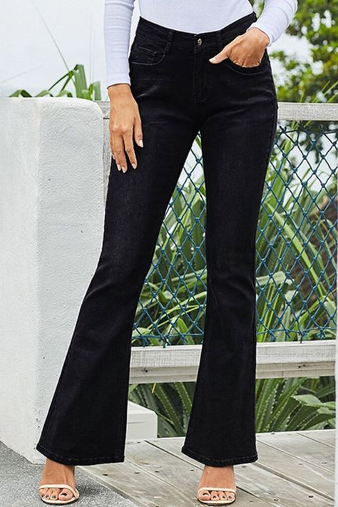 Color: Black, Blue Material: Polyester, Cotton, Spandex Season: Summer, Spring, Autumn Waist Design: High Waist Design Element: Zip Front Style: Classic, Fashion Style Flared Jeans, Style Flare Jeans, Black Wide Leg Jeans, Miami Outfits, Jackets Casual, Jean Large, Fall Transition, Womens Jeans, Fashion Plus Size