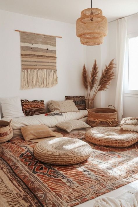 Minimalist Boho Living Room, Eclectic Boho Living Room, Floor Seating Living Room, Boho Style Living, Interior Decoration Ideas, Cozy Boho Living Room, Boho Living Room Ideas, Baskets For Storage, Vintage Leather Sofa