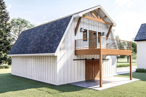 Rear and left side view of the apartment with the covered patio and deck. Modern Farmhouse Apartment, Barn Style Garage, Loft Floor Plan, Garage Apartment Floor Plans, Gambrel Barn, Farmhouse Apartment, Barn Plan, Barn Loft, Barn Apartment