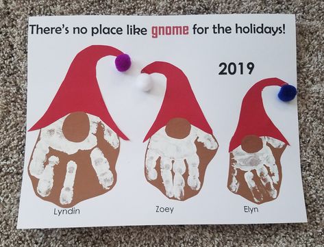 Handprint Christmas gnome craft December Handprint Crafts, Hand Print Gnome Craft, Handprint Gnome Crafts For Kids, Gnome Crafts For Preschool, Gnome Christmas Crafts For Kids, Christmas Gnome Craft For Kids, Christmas Infant Art, Christmas Gnome Crafts, Gnome Handprint Craft