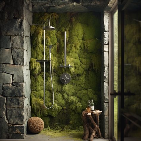 Shower Moss Wall Showers With Plants In Them, Moss Shower Wall, Moss Wall Art Bathroom, Bathroom Garden Wall, Moss In Bathroom, Bathroom Living Wall, Living Wall In Bathroom, Mossy Bathroom, Moss Wall Bathroom