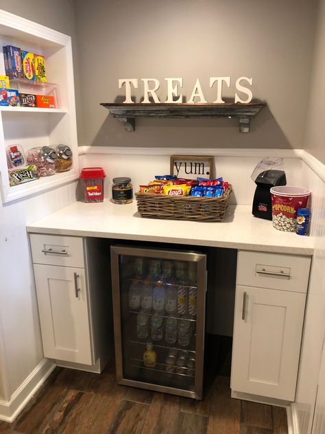 Home snack bar Home theater  Beverage station Home Snack Bar, Snack Bar Home, Home Theater Snack Bar, Basement Movie Room, Theater Room Decor, Movie Theater Rooms, Snack Station, Theater Room Design, Beverage Station