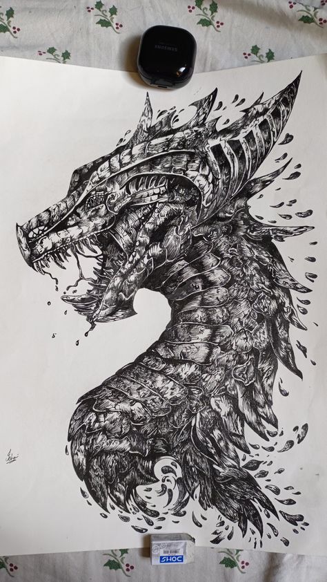 Saw the idea here, wanted to draw with gel pen. Dragon Pen Sketch, Dragon Pen Drawing, Gel Pen Drawings Ideas, Gel Pen Drawings, 4h Projects, Pen Art Drawings, Pen Sketch, Pen Art, Pen Drawing