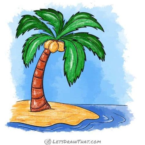 Learn how to draw a palm tree. In few simple steps, you will draw an awesome coconut palm tree standing on a small island beach. Pom Tree Drawing, Drawings Of Palm Trees, Coconut Tree Drawing Easy, How To Draw Coconut Tree, Palm Tree Illustration Simple, Island Drawing Simple, Easy Palm Tree Drawing, Palm Tree Painting Easy, Coconut Tree Painting