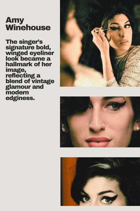 Singer Amy Winehouse was renowned for her distinctive eyeliner look that was characterised by bold, winged lines that created a dramatic, retro-inspired cat eye. This signature look became a hallmark of her image, reflecting a blend of vintage glamour and modern edginess. Amy Winehouse Signature, Amy Winehouse Eyeliner, Winehouse Eyeliner, Amy Winehouse Makeup, Amy Wine, Amy W, Iconic Beauty, Wine House, Random Inspiration