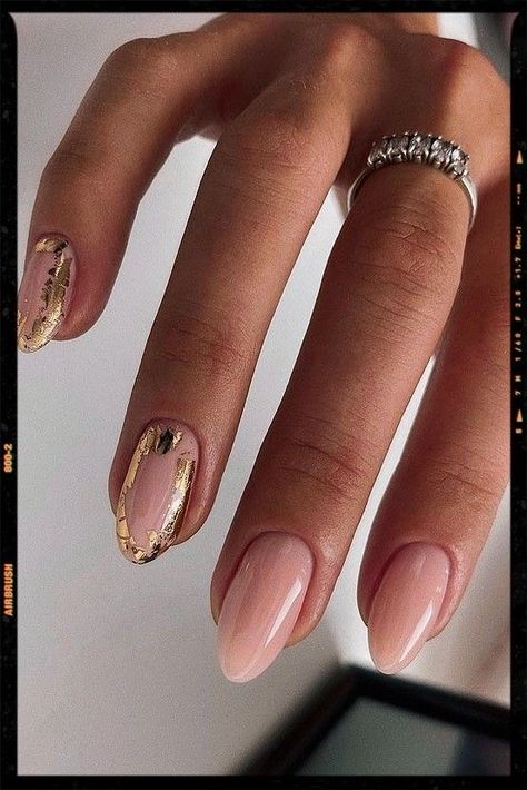 Nude Nails With Gold Foil, Classic Nude Nails, Nude Nails With Gold, Foil Nail Designs, Gold Gel Nails, Nails With Gold, Golden Nails, Milky Nails, Gold Nail Art