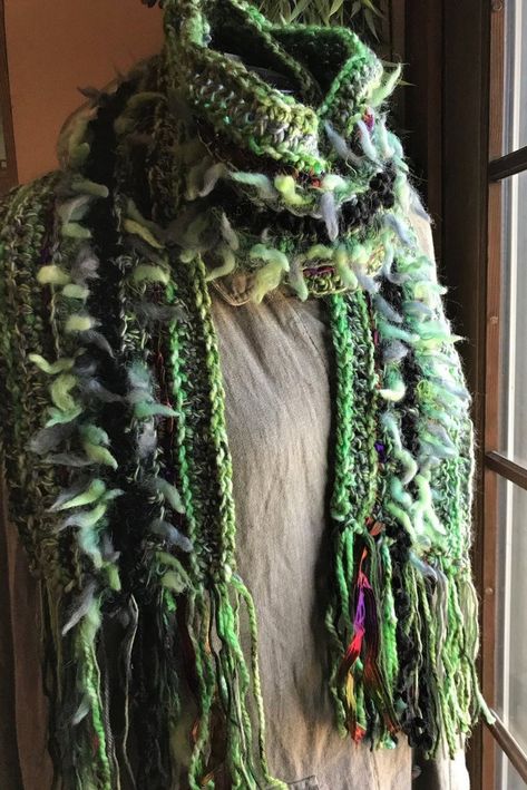 Crocheted Scarf Green with Black Accent Art Yarns | Etsy Accent Art, Crocheted Scarf, Rope Decor, Best Wraps, Crochet Clothing And Accessories, Freeform Crochet, Black Accents, Mesh Bag, Blue Art