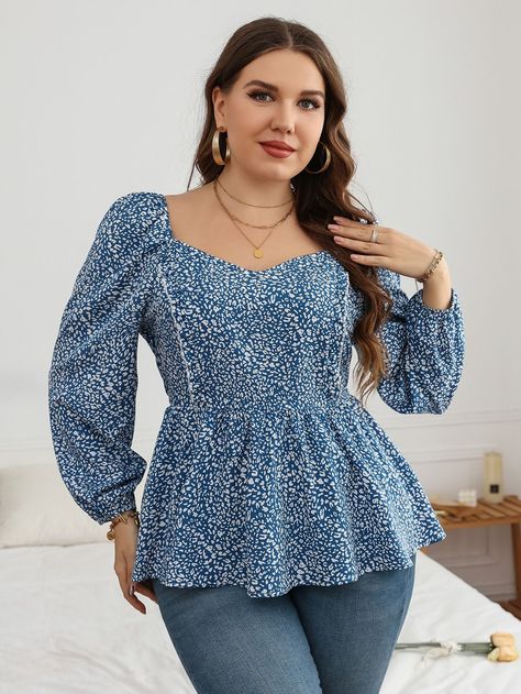 [Promotion] Blue Elegant Long Sleeve Polyester All Over Print Peplum Embellished Non-Stretch Spring/Fall Plus Size Tops #fashiontopsblouseplussize Blouse For Plus Size Woman, Top Ideas For Women, Fashion Tops Blouse Plus Size, Puff Sleeves Tops, Apple Body Shape Clothes, Blusas Peplum, Sweetheart Neck Blouse, Girly Blouse, Baby Blessing Dress