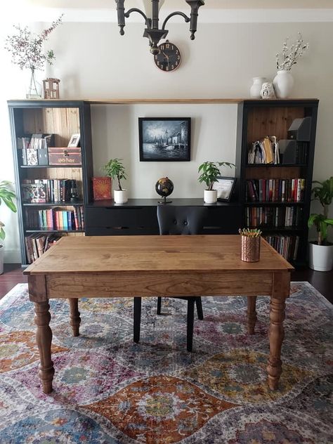 Farmhouse Table Turned Desk, Antique Table As Desk, Farmhouse Table Desk, Table Used As Desk, Dining Table Used As Office Desk, Diy Writing Desk How To Build, Writing Table Ideas, Table Into Desk, Dining Table As Desk