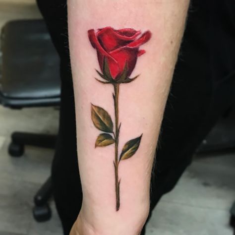 Tattoos For Women Rose, Rose Stem Tattoo, Coloured Rose Tattoo, Stem Tattoo, Neo Traditional Art, Finger Tats, Red Rose Tattoo, Rose Stem, Arm Tattoos For Women