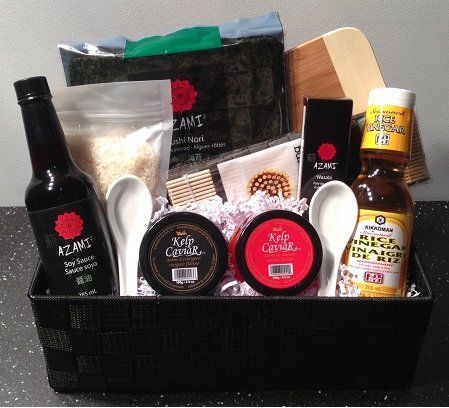 Sushi gift basket Sushi Lover Gift Ideas, Sushi Gift Ideas, Sushi Gift Basket, Grilled Filet Mignon, Basket Raffle, Traditional Turkey, Sushi Kit, Raffle Basket, Food Gift Baskets