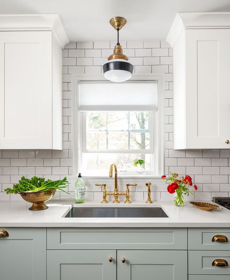 Over Kitchen Sink, Kitchen Sink Lighting, Neutral Kitchen, Brass Faucet, Industrial Kitchen, Kitchen Remodel Idea, Kitchen Makeover, Kitchen Layout, Diy Kitchen