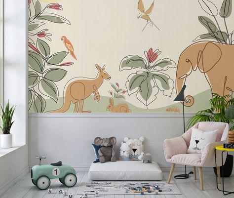 Wallpaper Mid Century Modern, Safari Mural, Wallpaper Mid Century, Kids Mural, Mid Century Modern Nursery, Mural Nursery, Jungle Wall Mural, Nursery Animals, Jungle Mural