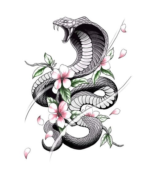 "Fierce Cobra Tattoo Style with Cherry Blossoms" iPad Case & Skin for Sale by Tyler Rosso | Redbubble Cherry Blossom Tattoo Shoulder, Purple Butterfly Tattoo, Hibiscus Flower Tattoos, Flower Shoulder Tattoo, Shoulder Tats, Around Arm Tattoo, Cobra Tattoo, Sakura Tattoo, Tattoo Snake