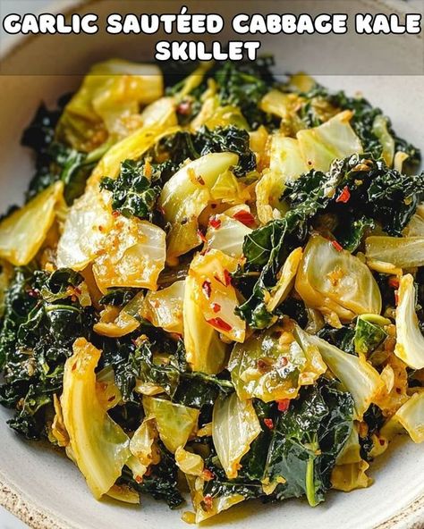 Mediterranean Diet Easy Recipes 2024 | Garlic Sautéed Cabbage and Kale Skillet | Facebook Kale Skillet, Mediterranean Diet Easy, Diet Easy Recipes, Stir Fry Spinach, Cabbage And Kale, Sautéed Cabbage, Vegetable Slow Cooker, Zucchini Burger, Fried Spinach