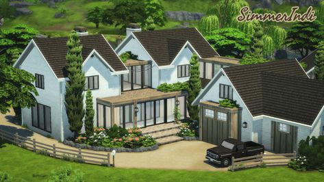 Sul Sul Simmers! I built this Modern Farmhouse diagonally which was quite a challenge but I ended up with 3 versions: One Base Game shell & two using packs (shell & furnished) 🌿 Gallery ID: simmerindi Sims 4 Farmhouse, Modern Farmhouse Interior, Sims 4 Speed Build, Shell House, Sims 4 House Design, Sims Building, Modern Farmhouse Exterior, Farmhouse Interior, Sims 4 Build