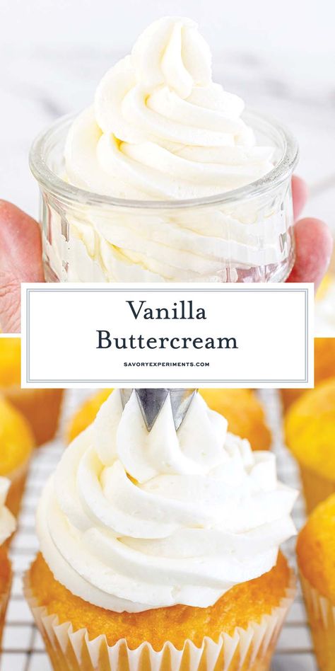 Delicious and easy vanilla buttercream frosting. A homemade buttercream that tastes just like the bakery! For cakes, cupcakes and cookies! Vanilla Buttercream Frosting For Piping, Buttercream Frosting Cupcakes, Make Buttercream Frosting, Home Made Cake Frosting, The Best Vanilla Buttercream Frosting, Good Frosting Recipes, How To Make Vanilla Frosting, Cake Cream Recipe Easy, Easy Buttercream Frosting For Cake