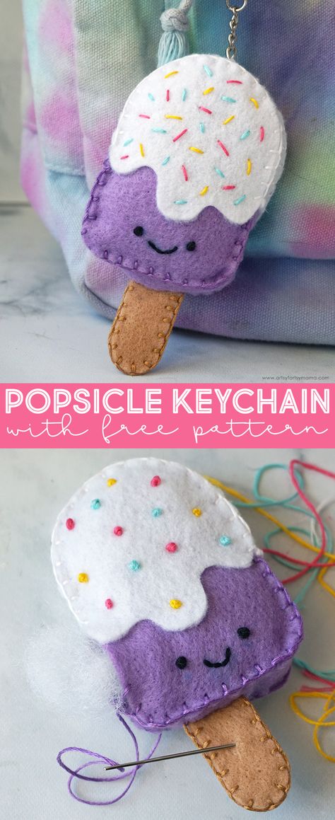 Felt Popsicle Keychain | artsy-fartsy mama Felt Work Ideas, Felt Popsicle Pattern, Summer Felt Crafts, Easy Felt Crafts Free Pattern, Felt Crafts Patterns Templates, Felt Keychain Diy, Felt Popsicle, Felt Stitching, Summer Ornaments