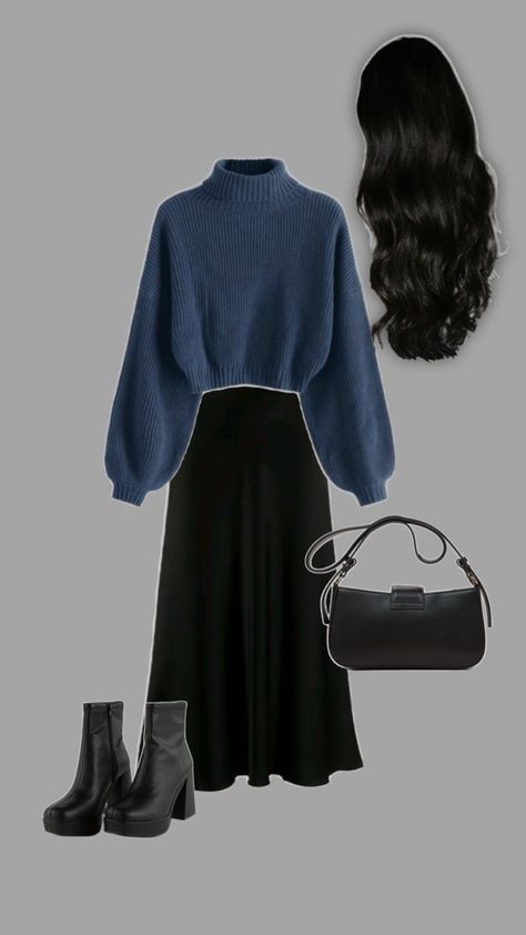 #outfit #grwm #autumn #style Blue Skirt Outfits, Blue Outfits, Skirt Outfits Fall, Modesty Outfits, Cute Modest Outfits, Winter Fashion Outfits Casual, Thrifted Outfits, Everyday Fashion Outfits, Easy Trendy Outfits