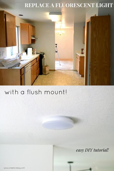 How to replace a fluorescent light with an LED flush mount - kitchen update tutorial! / Create / Enjoy Replacing Florescent Lights Kitchen, Fluorescent Kitchen Lights, Lamp In The Kitchen, Flourescent Light, Lighting Makeover, Boho Kitchen Ideas, Fluorescent Light Fixture, Led Ceiling Light Fixtures, Home Planning