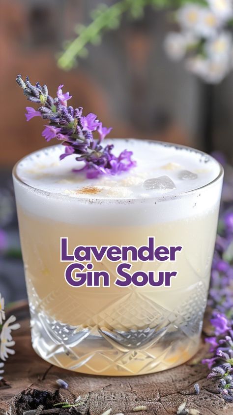 Lavender Gin Sour Lavender Whiskey Sour, Gin And Lavender Cocktail, Sage Gin Cocktails, Lavender Gin Fizz, Lavender Simple Syrup Cocktails, Easy Gin Cocktails Recipes, Purple Gin Cocktail Recipes, Summer Wedding Cocktails, Lavender Drink Recipes