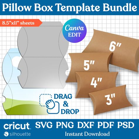 Pillow Box Template Bundle, Pillow Boxes, Favor Box Template, Box Template svg, Gift Box Template, Cut Files, DIY Gift Box, Canva Editable by WorldOfTemplateShop on Etsy Pillow Box Template Svg Free, Favor Box Template, Pillow Box Template, Template Box, Pillow Boxes, Download Sign, Gift Box Template, Cadeau Diy, Diy Gift Box