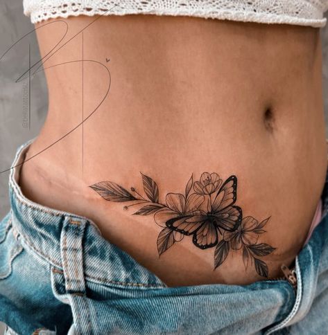 Under Glute Tattoo, Tattoo To Cover Hip Surgery Scar, Tattoo Ideas Female Lower Stomach, Pelvic Area Tattoos For Women, Stomach Tattoos Women Cover Up, Stretchmark Cover Tattoos Stomach, Lower Belly Tattoos For Women Cover Up, Abdominal Tattoos Women Lower, Around Belly Button Tattoos For Women