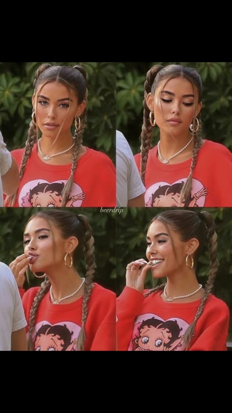 Cole The Bee Hairstyles, Hairstyles With Hoop Earrings, Madison Beer Hair Styles, High Pigtail Braids, Madison Beer Ponytail, Hairstyles With Visors For Work, High Pigtails Hairstyles, Madison Beer Hairstyles, Cute Waitress Hairstyles