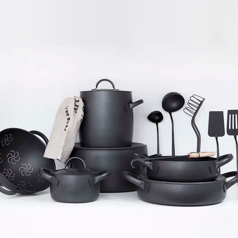 Designed by Enzo Mari for Zani & Zani, the Cookware Set is available in black (featuring a nonstick coating) or brushed stainless. The ensemble includes two stock pots, three casserole pans, two low pots, and four covers; €2,099.21 ($2,426.46) from Dep Design Store (the pieces are also sold individually). Desain Pantry, Enzo Mari, Stock Pots, Pots And Pans Sets, Smitten Kitchen, Cast Iron Cookware, Kitchen Cookware, Cookware Set, Küchen Design