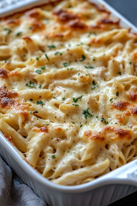 Dump and Bake Chicken Alfredo Casserole Easy Dump And Go Recipes, Rotisserie Chicken Recipes Oven, Best Recipes With Rotisserie Chicken, Baked Chicken Tortellini Alfredo, Easy Baked Dishes, One Pan Chicken Dinner Baking, Bake Chicken Alfredo Oven, Chicken Thigh Pasta Bake, Italian Chicken Pasta Casserole