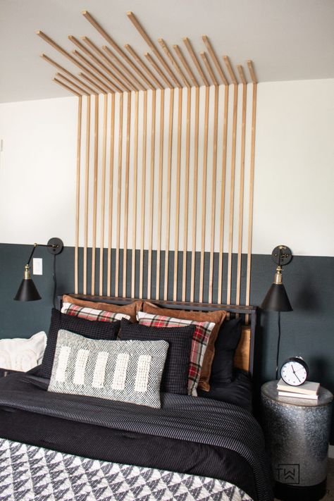 Modern Lodge Bedroom, Vertical Slat Wall, Bedroom With Color, Vertical Slats Wall, Reading Corner Kids, Lodge Bedroom, Modern Lodge, Wood Slat Wall, Diy Accent Wall