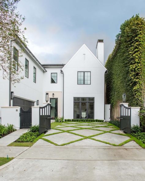 White Exterior and Driveway With Diamond Pattern Driveway With Grass In Between, Large Concrete Pavers, Stilt Home, Backyard Landscape Design, Recycled Concrete, Oxford Ms, Landscape Design Ideas, Ground Covering, Outdoor Remodel