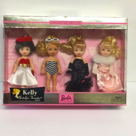 Barbie Kelly Dolls Ornament Collection Giftset Mattel 2003 Brand New Includes: 4 Kelly Dolls, Each Kelly Is Dressed As Different Barbie Dolls. There's Kelly Doll Dressed As Barbie Silken Flame, Kelly Doll As Bathing Suit Barbie #1, Kelly Doll As Barbie In Solo In The Spotlight, & Kelly Doll As Enchanted Evening Barbie Doll. Each Kelly Doll Is Approx. 4.5" Tall & Has A Gold Tone "Cord" Attached To The Head; Dolls Can Be Ornaments. Box May Have Shelf Wear. Barbie Kelly Doll, Barbie Cat, 2000s Toys, Barbie Chelsea Doll, Barbie Tingz, New Barbie Dolls, Barbie Playsets, Barbie Kids, Kelly Doll