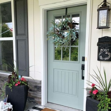 Navy House Green Door, Front Door Ideas Green, Acacia Haze Exterior, Gray House Front Door Color, Sage Green Front Door, Green Front Door Colors, Sherwin Williams Acacia Haze, Aqua Front Doors, Acacia Haze