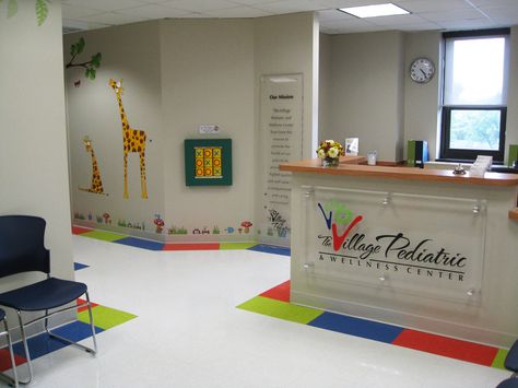 Reception and waiting area Nursery Reception Area Ideas, Pediatric Clinic Design Interiors Reception, Pediatric Clinic Decor, School Reception Design Waiting Area, Daycare Reception Area, Daycare Office Ideas, Pedia Clinic Interior Design, Pediatric Waiting Room Ideas, Daycare Office