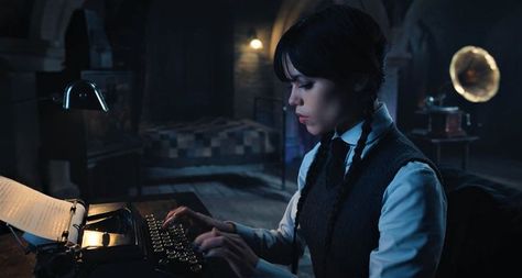 wednesday addams, netflix, screenshot, black and white, wednesday, jenna ortega, goth, the addams family, typewriter Wednesday Header, Wednesday Addams Nevermore, Addams Aesthetic, Wednesday 2022, Blood Mary, College Night, Inner World, Virtual Design, Addams Family